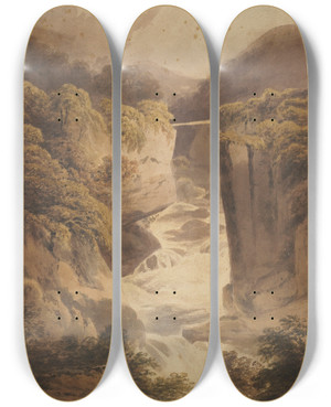 Triptych art skateboard deck of Francis Nicholson Mountain Torrent by Francis Nicholson (1753-1844)