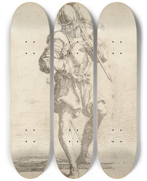 Triptych art skateboard deck of Salvator Rosa Soldier Standing Looking At The Ground by Salvator Rosa (1615-1673)