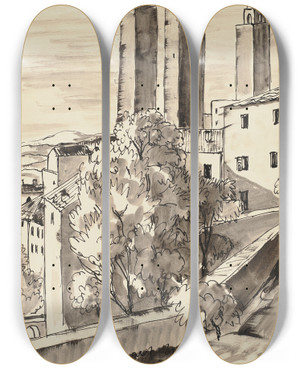 Triptych art skateboard deck of Hermann Lismann San Gimignano_2 by Hermann Lismann (1878-1943)