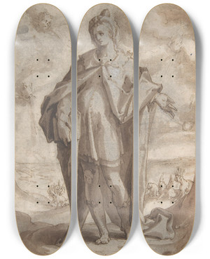 Triptych art skateboard deck of Hendrick Goltzius The Prophet Daniel In A Landscape by Hendrick Goltzius (1558-1617)