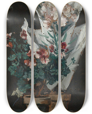 Triptych art skateboard deck of Alfred Stevens Still Life With Potted Geraniums by Alfred Stevens (1817-1875)