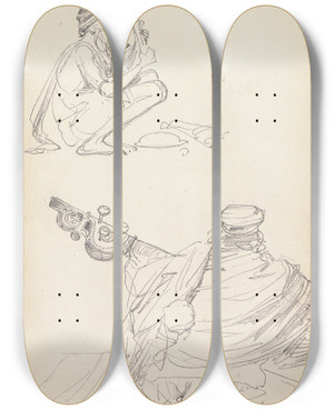 Triptych art skateboard deck of William Simpson Musicians Amritsar by William Simpson (1823-1899)