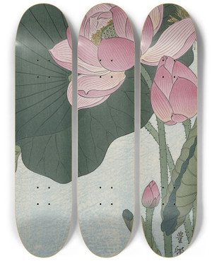 Triptych art skateboard deck of Ohara Koson Blooming Lotus Flowers by Ohara Koson (1877-1945)