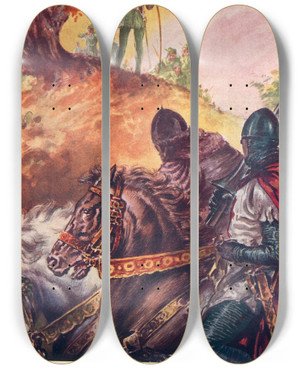 Triptych art skateboard deck of Reginald Heade Robin Hood by Reginald Heade (1901-1957)