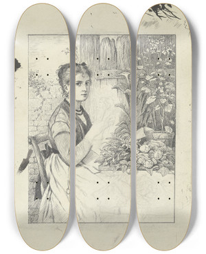 Triptych art skateboard deck of Otto Scholderer Flower Arranger by Otto Scholderer (1834-1902)