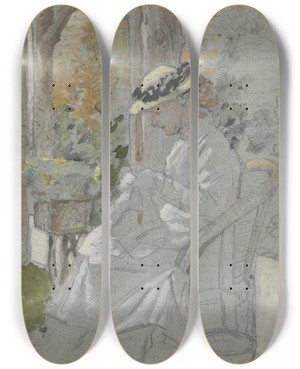 Triptych art skateboard deck of Otto Scholderer Luise Scholderer Auf Der Veranda by Otto Scholderer (1834-1902)