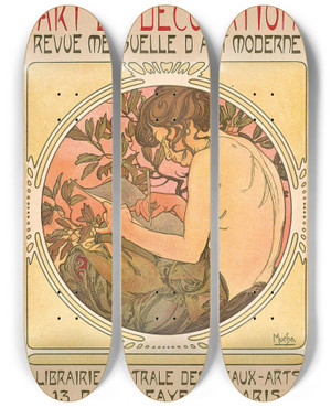 Triptych art skateboard deck of Alphonse Mucha Documents Dcoratives by Alphonse Mucha (1860-1939)