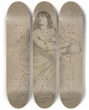 Triptych art skateboard deck of Guercino Atoning Magdalene by Guercino (1591-1666)