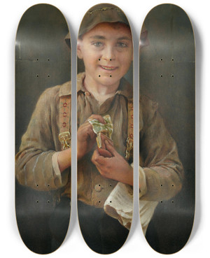 Triptych art skateboard deck of Karl Witkowski Newsboy by Karl Witkowski (1860-1910)