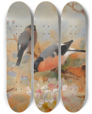 Triptych art skateboard deck of Archibald Thorburn Bullfinches by Archibald Thorburn (1860-1935)