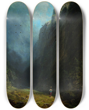 Triptych art skateboard deck of Carl Spitzweg In The Alpine High Valley Landscape With Mt Wendelstein by Carl Spitzweg (1808-1880)