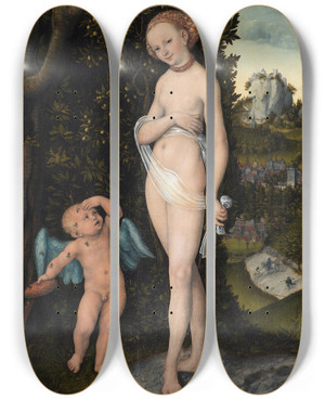 Triptych art skateboard deck of Lucas Cranach The Elder Venus With Cupid Stealing Honey by Lucas Cranach The Elder (1472-1553)