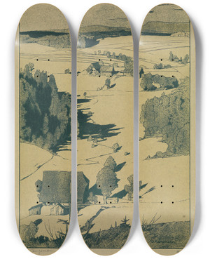 Triptych art skateboard deck of Gustav Kampmann Glasbachthal by Gustav Kampmann (1859-1917)