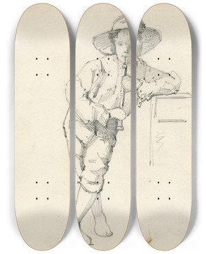 Triptych art skateboard deck of Floris Verster Boy Playing An Oboe by Floris Verster (1861-1927)
