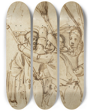 Triptych art skateboard deck of Antonio Carracci Carnival Figures by Antonio Carracci (1583-1618)