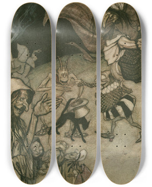 Triptych art skateboard deck of Arthur Rackham Witches And Warlocks Ghosts Goblins And Ghouls by Arthur Rackham (1867-1939)
