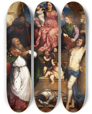 Triptych art skateboard deck of Paris Bordone Madonna With Child Enthroned And Saints by Paris Bordone (1500-1571)