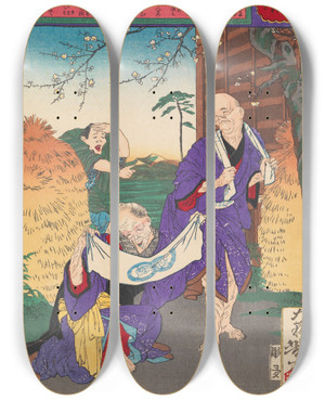 Triptych art skateboard deck of Tsukioka Yoshitoshi An Indecorous Courtship by Tsukioka Yoshitoshi (1839-1892)