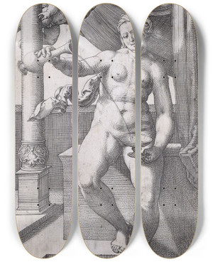 Triptych art skateboard deck of Lucas Van Leyden Temperancia Temperance by Lucas Van Leyden (1494-1533)
