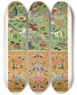 Triptych art skateboard deck of Auguste Racinet Chinois 2 by Auguste Racinet (1825-1893)
