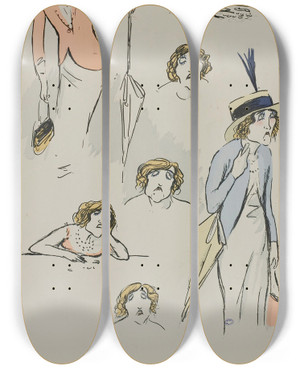 Triptych art skateboard deck of Georges Goursat Sem Mme Morlange by Georges Goursat (Sem) (1863-1934)