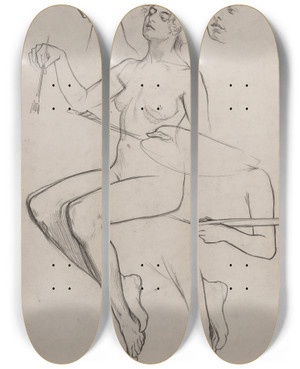 Triptych art skateboard deck of Alphonse Mucha Female Nude by Alphonse Mucha (1860-1939)