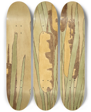 Triptych art skateboard deck of Hannah Borger Overbeck Cattail by Hannah Borger Overbeck (1870-1931)
