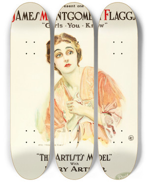 Triptych art skateboard deck of James Montgomery Flagg The Artists Model by James Montgomery Flagg (1877-1960)