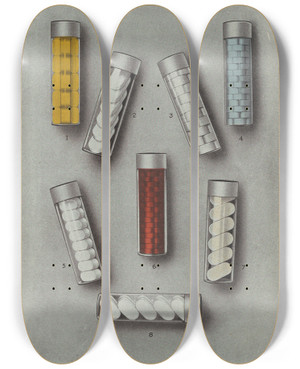 Triptych art skateboard deck of Eli Lilly Company Display Samples Only Lilly Solvets For Solutions by Eli Lilly Company (19-20-)