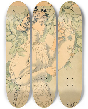 Triptych art skateboard deck of Emil Caus Salon Des Cent by Emil Cause (1867-1937)