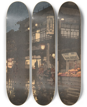 Triptych art skateboard deck of Yoshida Hiroshi Kagurazaka Street After A Night Rain by Hiroshi Yoshida (1876-1950)