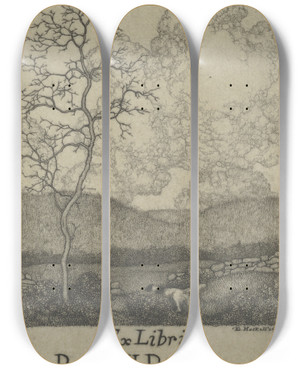 Triptych art skateboard deck of Ernest Haskell Ex Libris Russell Perkins by Ernest Haskell (1876-1925)