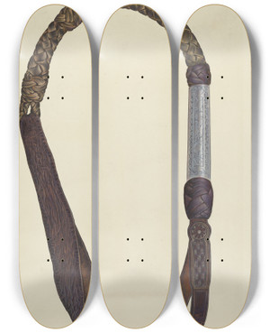 Triptych art skateboard deck of Cecil Smith Rawhide Quirt by Cecil Smith