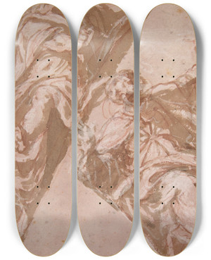 Triptych art skateboard deck of Andrea Schiavone Two Seated Male Figures Within Spandrels by Andrea Schiavone (1500-1563)