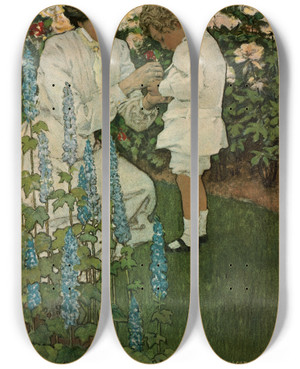 Triptych art skateboard deck of Jessie Willcox Smith In The Garden by Jessie Willcox Smith (1863-1935)