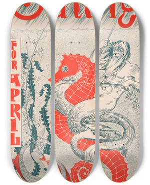 Triptych art skateboard deck of Willard Bonte Outing For April 1896 by Willard Bonte (1873-1946)