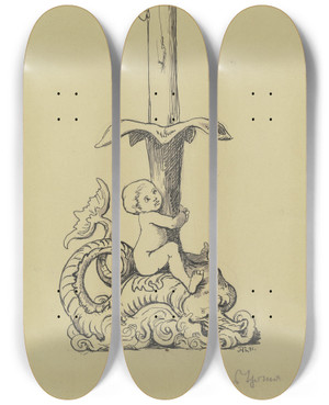 Triptych art skateboard deck of Hans Thoma Candlestick Angel by Hans Thoma (1839-1924)