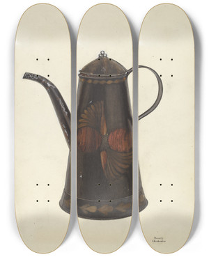 Triptych art skateboard deck of Beverly Chichester Toleware Tin Teapot by Beverly Chichester (20-)