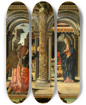 Triptych art skateboard deck of Francesco Del Cossa The Annunciation by Francesco del Cossa (1430-1477)