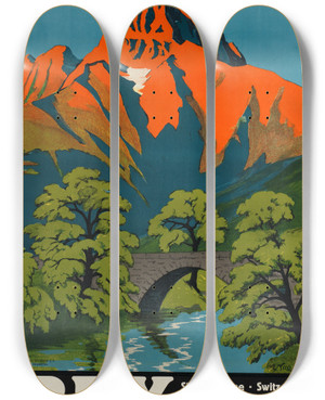 Triptych art skateboard deck of Aimefelix Nicollerat Bex Brine Baths by Aime Felix Nicollerat (1876-1946)