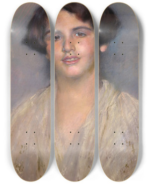 Triptych art skateboard deck of Clemens Von Pausinger Dame Mit Pagenschnitt by Clemens Von Pausinger (1855-1936)
