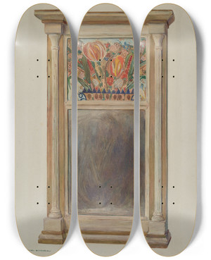 Triptych art skateboard deck of Carl Strehlau Looking Glass With Decorated Glass Panel by Carl Strehlau