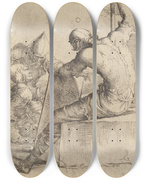 Triptych art skateboard deck of Salvator Rosa Three Soldiers One Seated And Supporting Himself With A Cane And Shield by Salvator Rosa (1615-1673)