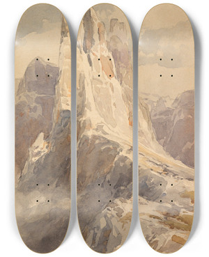 Triptych art skateboard deck of Edward Theodore Compton Blick Auf Die Vajolettrme In Den Dolomiten by Edward Theodore Compton (1849-1921)