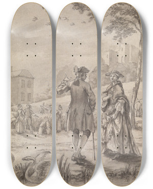 Triptych art skateboard deck of Samuel Wale An Eclipse In Harvest Time by Samuel Wale (1721-1786)