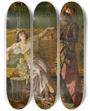 Triptych art skateboard deck of Vincent Stiepevich In The Harem by Vincent Stiepevich (1841-1911)