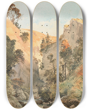 Triptych art skateboard deck of Nicholas Chevalier The Acheron River by Nicholas Chevalier (1828-1902)
