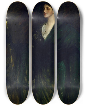 Triptych art skateboard deck of William Merritt Chase The Emerald Lady by William Merritt Chase (1849-1916)