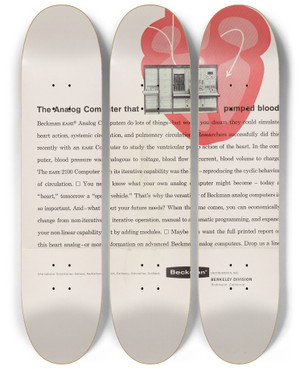 Triptych art skateboard deck of Beckman Instruments The Analog Computer That Pumped Blood by Beckman Instruments (20-)