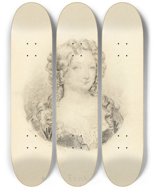 Triptych art skateboard deck of Eugne Devria Medallion Portrait Of Mlle De Fontanges by Eugene Deveria (1805-1865)